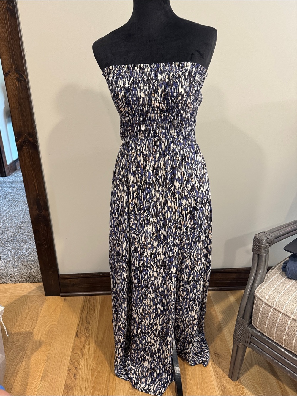 Evereve Navy and White Strapless Smocked Maxi Dress